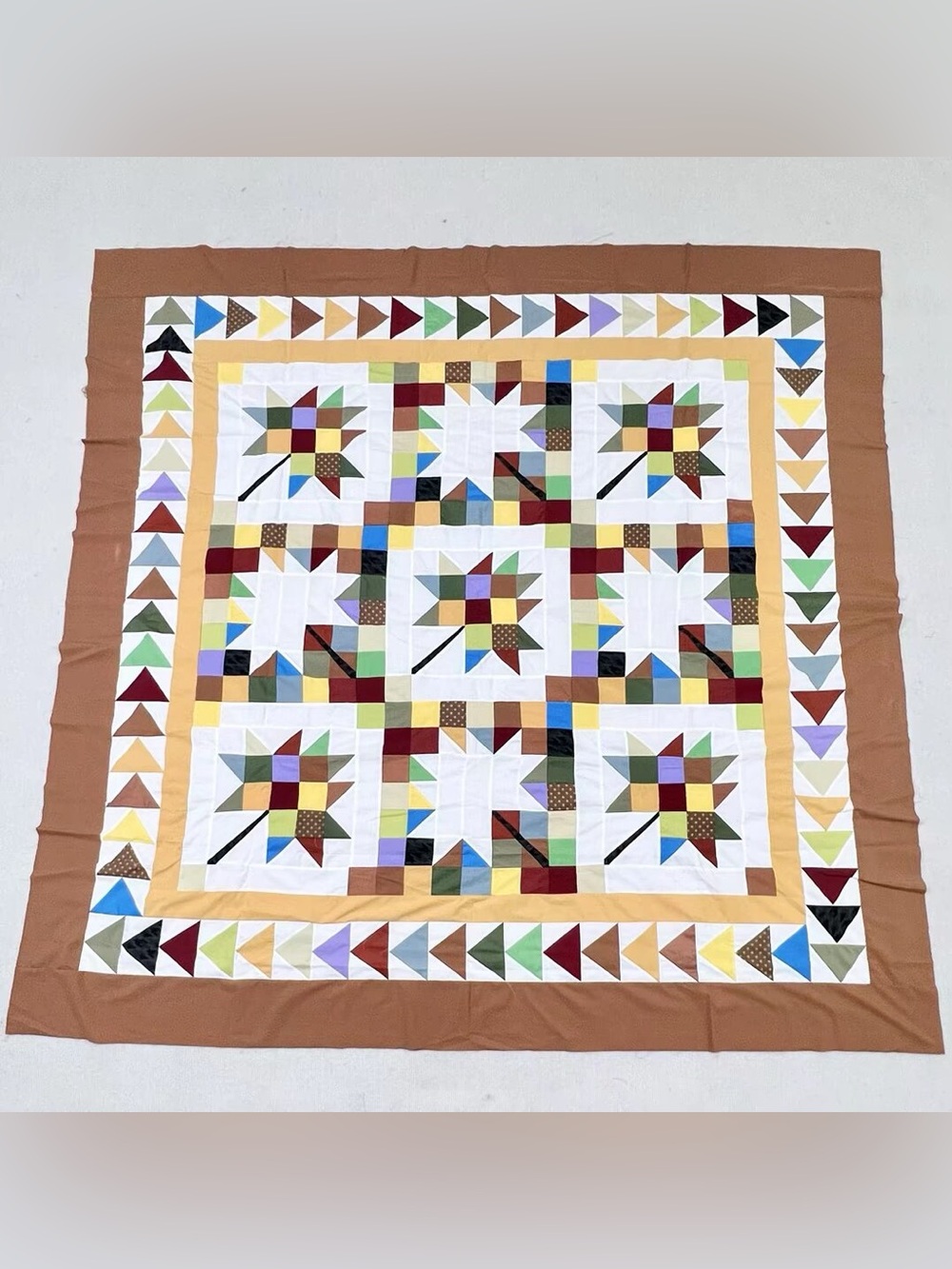 Handmade Flight of the Autumn Leaves Patchwork Cotton Quilt Top/Topper 86x86”